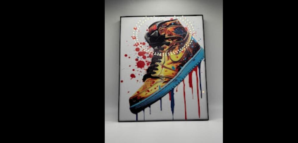 Framed Sneaker Pop Art Print Gold Blue Red Paint Drip High Top Wall Art 16x20